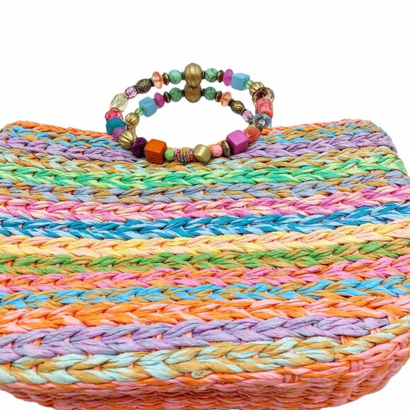 Cappelli Rainbow Jeweled Woven Handbag With Beaded Double Handle - Picture 13 of 14